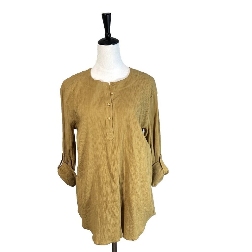 NYDJ Mustard Yellow Gauze Tunic Top Roll-Up Sleeves Women's Size Small Boho NWT